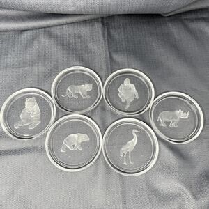 6 Val Saint Lambert Glass Coasters Animals Bear Tiger Panda RARE Ashtray Dishes